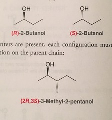 <ul><li><p>Used for chiral (stereogenic: 4 different groups bound to it in a non superimposable image) centers in molecules.</p></li><li><p>(R) rotates to the right; clockwise</p></li><li><p>(S) rotates to the left; counterclockwise</p></li><li><p>Part of relative configuration</p></li></ul>