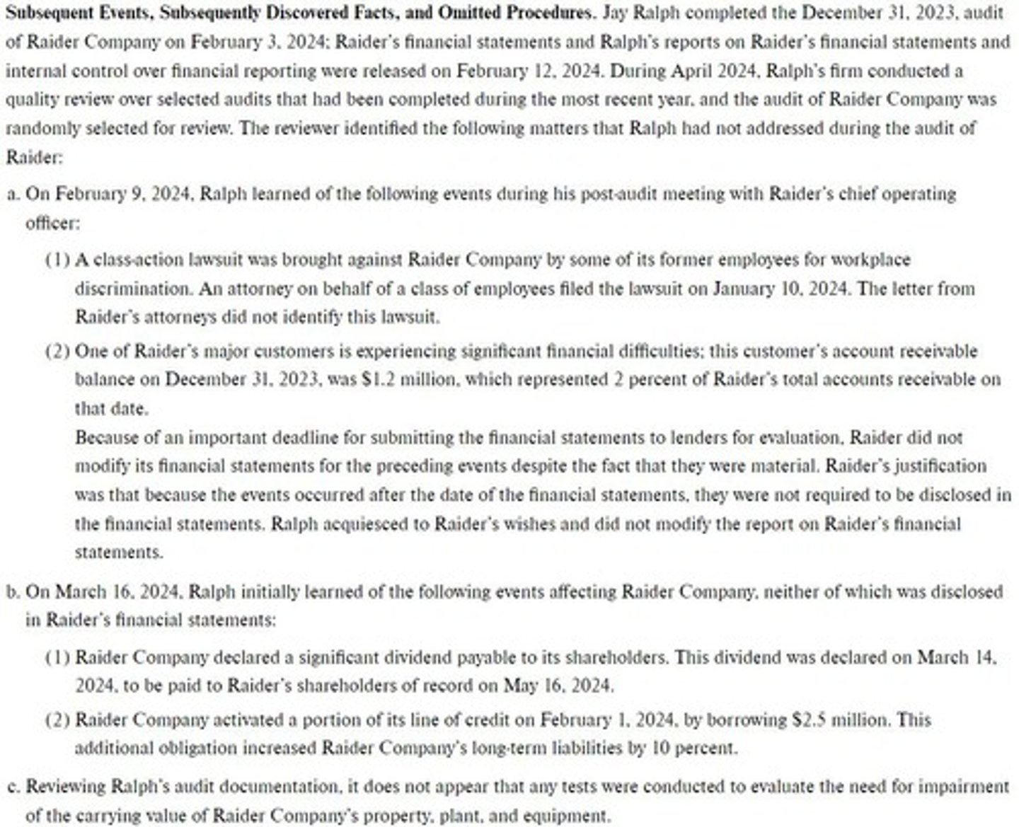 <p>If discovered after the report release date, the client should notify individuals relying on the financial statements and issue revised financial statements.</p>