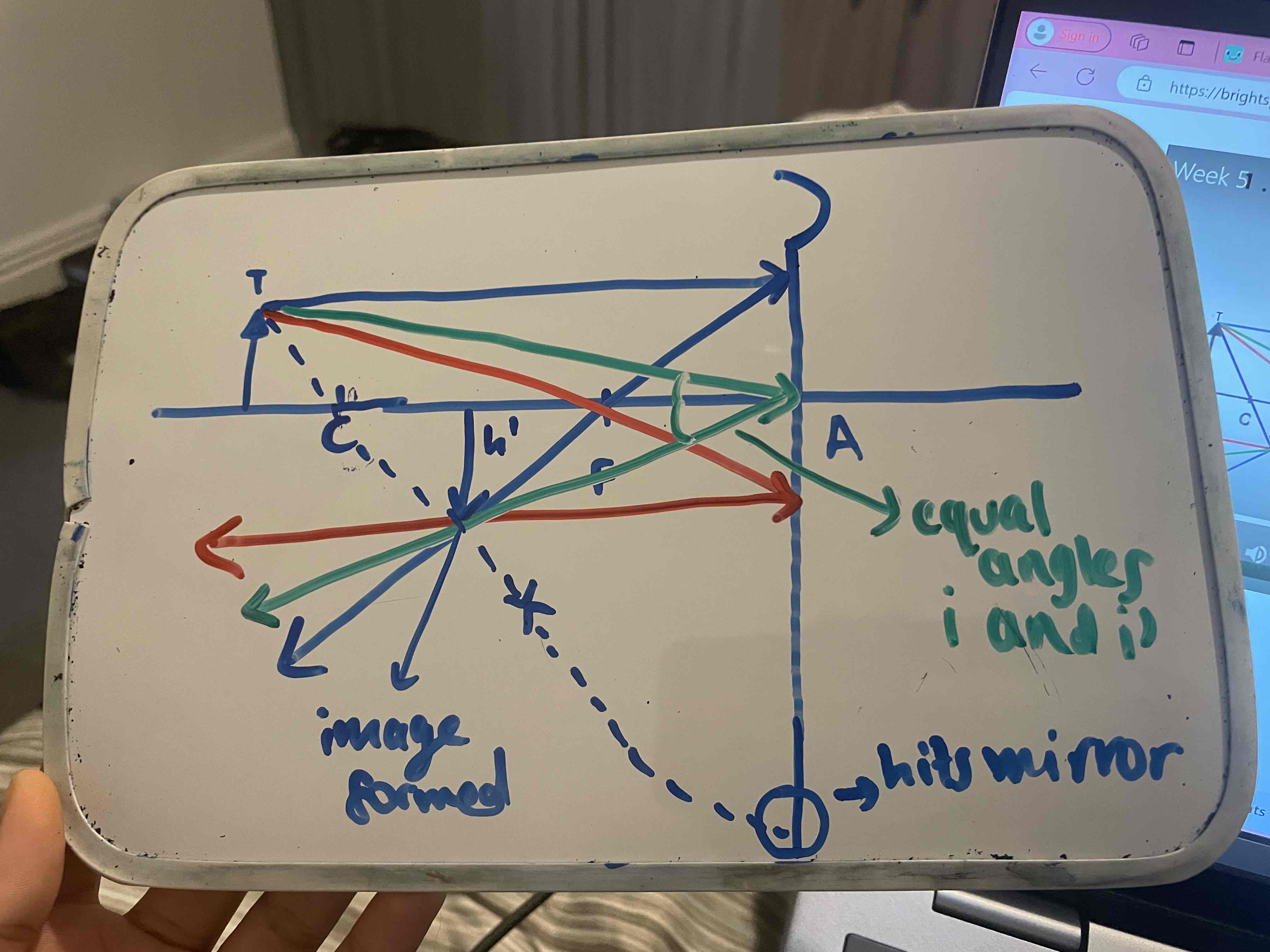 <p>explain the path of light rays (4) in a graphical construction drawing to produce an image in a CONCAVE mirror</p>