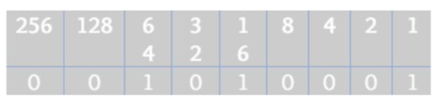 <p>-first step is to always label the digits of the binary number with the corresponding 8-bit number</p><p>-Then you simply add up all the numbers above a 1</p>