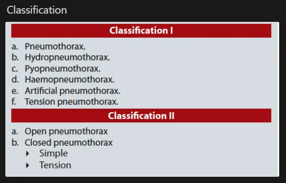 <ul><li><p class=""><strong>Definition</strong>: Entry of air into pleural cavity, collapsing lung.</p></li><li><p class=""><strong>Types</strong>:</p><ul><li><p class=""><strong><u>Spontaneous</u></strong></p></li><li><p class=""><strong><u>Traumatic</u></strong></p></li><li><p class=""><strong><u>Tension</u></strong> → <strong>Most dangerous</strong></p><ul><li><p class=""><strong>Mechanism</strong>: Air enters during inspiration but can't exit </p><p class="">→ pressure ↑</p><p class="">→ mediastinal shift </p><p class="">→ ↓ venous return </p><p class="">→ <strong>heart failure</strong></p></li><li><p class=""><strong>Emergency</strong>: Needs <strong>needle decompression</strong> </p><ul><li><p class="">2nd ICS</p></li><li><p class="">midclavicular line</p></li><li><p class=""> or chest tube</p></li></ul></li></ul></li></ul></li></ul><p></p>