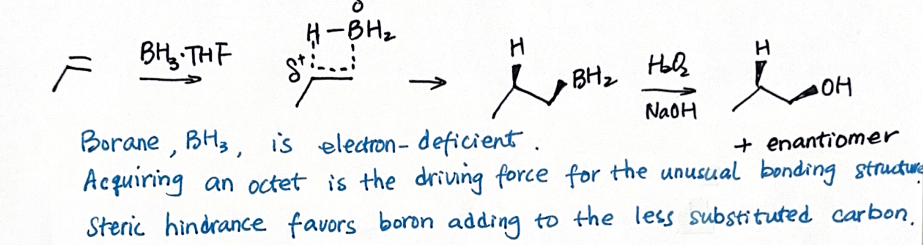 <p>Reagents: BH3 . THF &amp; peroxide/NaOH (oxidizer)</p><p>Anti-Markovnikov</p><p>Syn addition</p><p>No rearrangement</p>