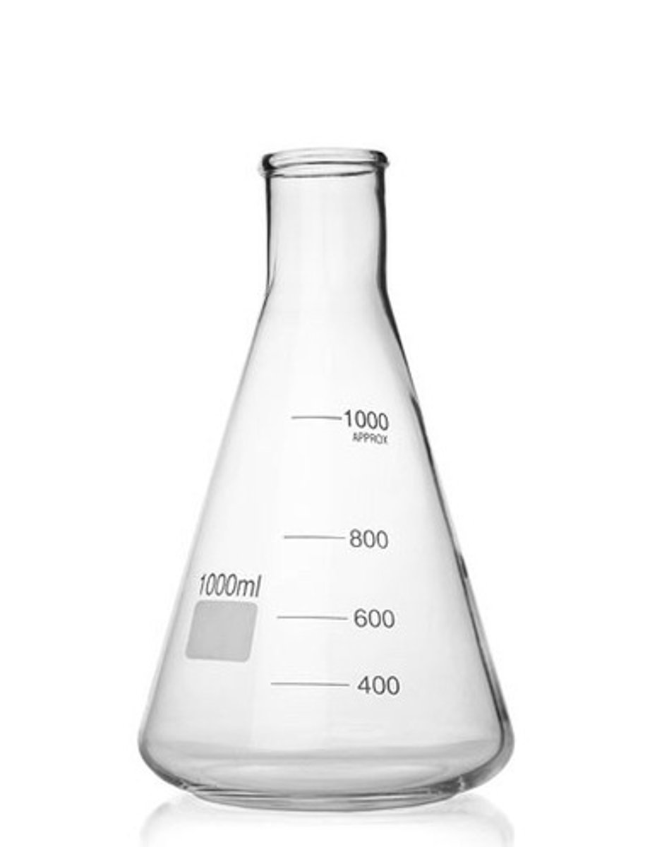 <p>A piece of chemistry laboratory equipment, a container often made of glass, which has a narrow cylindrical mouth and a cone-shaped main body that ends in a wide, flat bottom.</p>