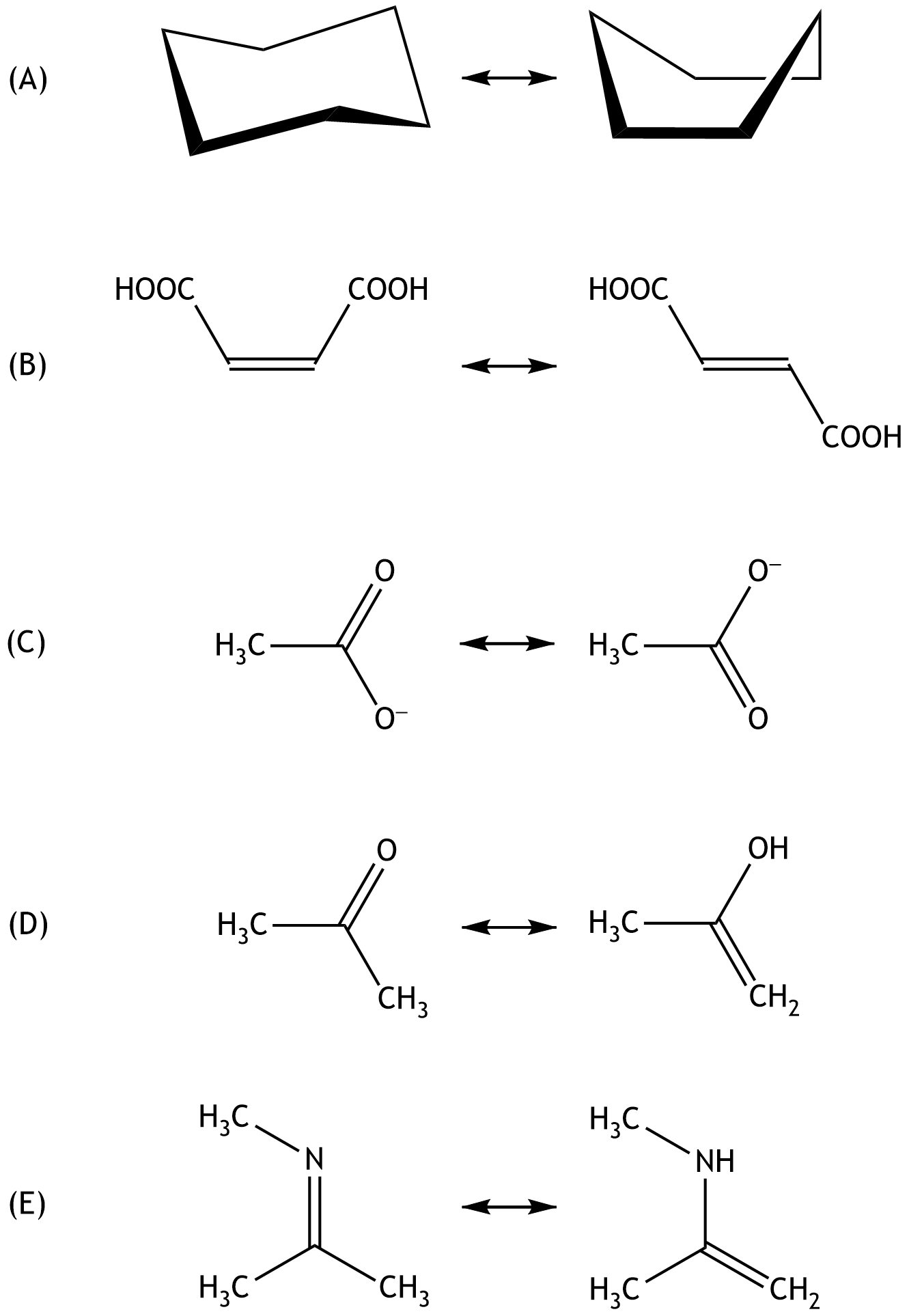 <p>8. Structural formulas of chemical compounds provide information about how atoms in a molecule are connected to one another.</p><p>Which of the answer choices (A) to (E) represents resonance (mesomerism)?</p><p>A. (A)</p><p>B. (B)</p><p>C. (C)</p><p>D. (D)</p><p>E. (E)</p>