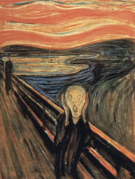 * mount krakatoa erupted, colored skies all over the world
* attempt at expressing internal emotion or panic attack
* *synthesia*: a neural disorder where ur senses become tangled
* two copies, several pastel recreations
* genderless face
* ppl in background might be friends of artist