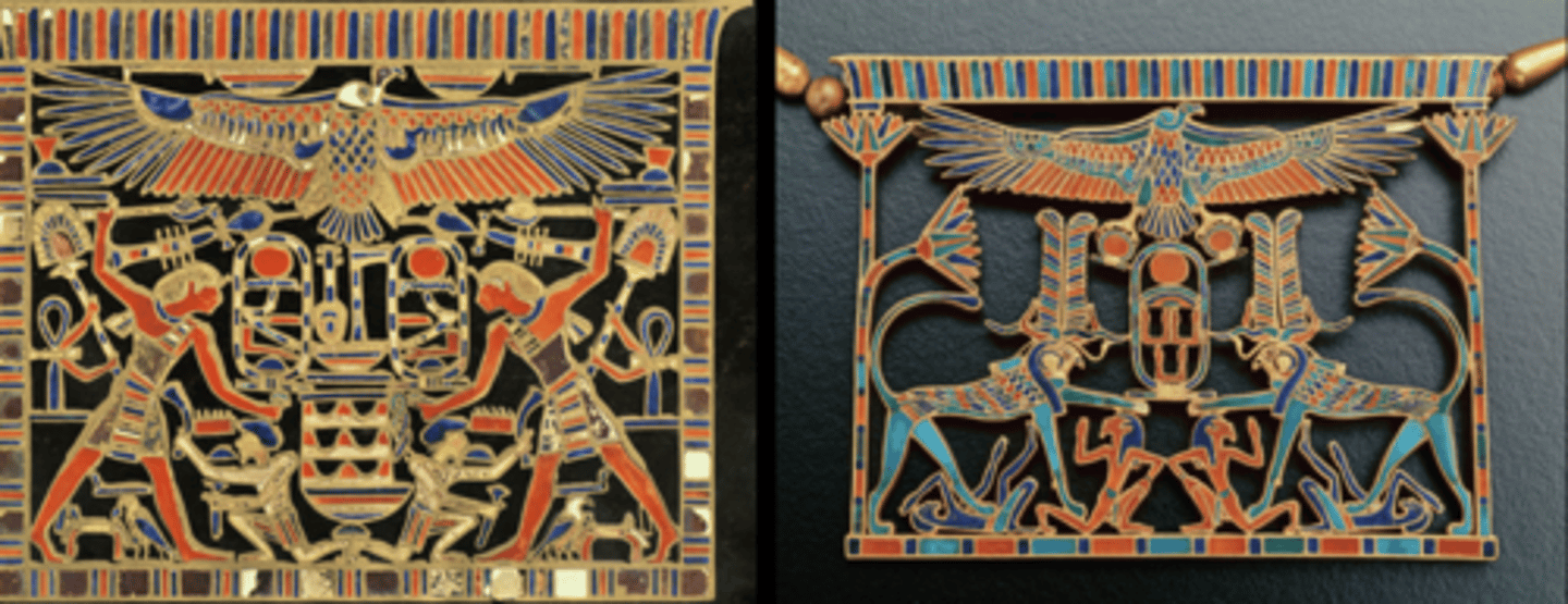 <p>- Pectoral = necklaces</p><p>- Precious stones used to differentiate different races of people</p><p>- Now, people connected to the king could also where symbols related to the king protecting egypt (smiting of enemies)</p><p>- Some of the most detailed jewelry from ancient egypt (why middle kingdom is considered the height of ancient egypt)</p>