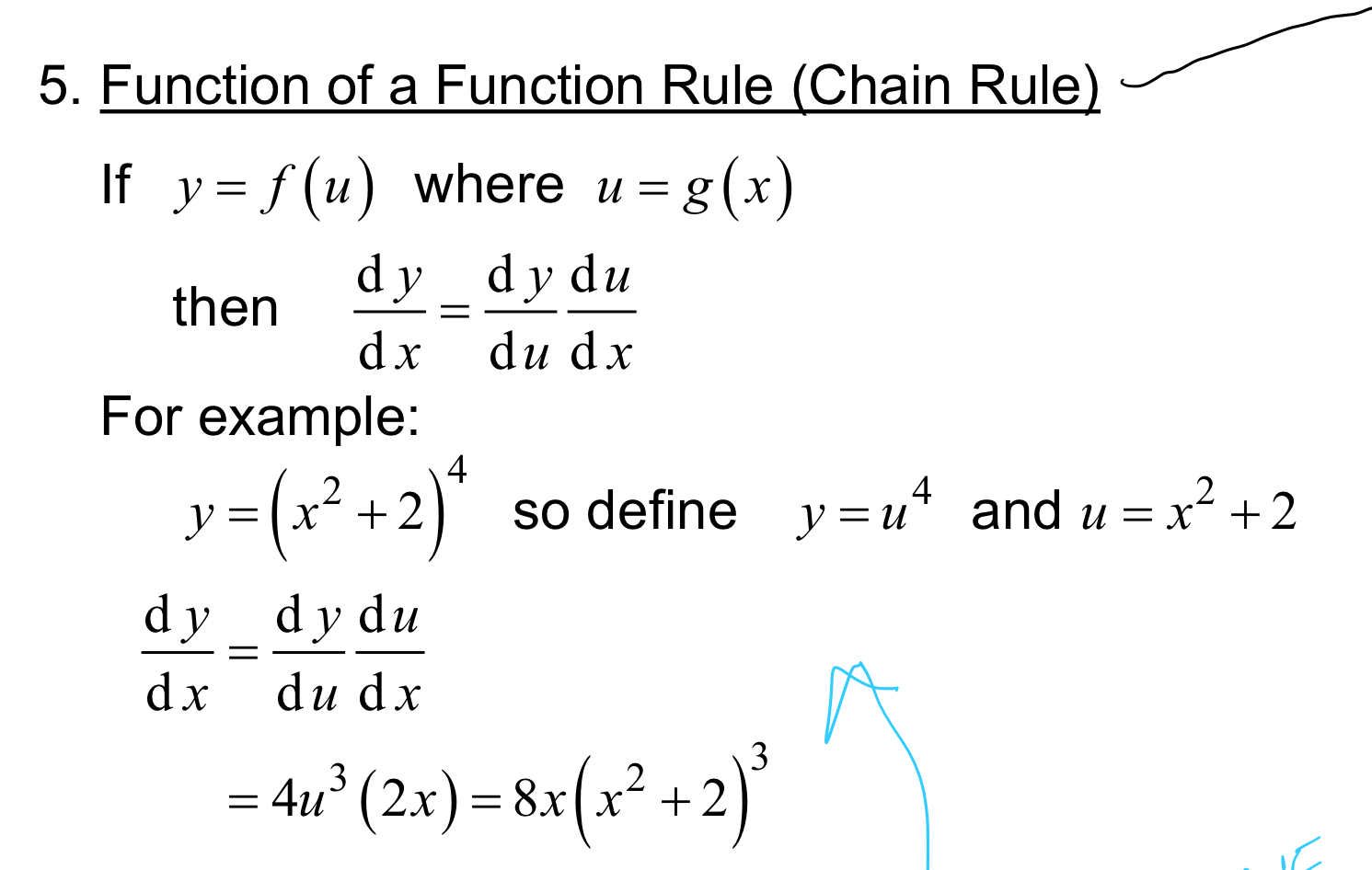 <p>same thing in each bracket</p><p></p><p>dy/dx = dy/du x du/dx</p><p></p><p>over u = main one outside of brackets</p><p>over x = equation inside brackets </p>