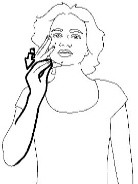 Start with the fingers in a claw shape
at your cheek and move it a few inches
away, bringing the fingers and thumbs
together, and then repeat one more time