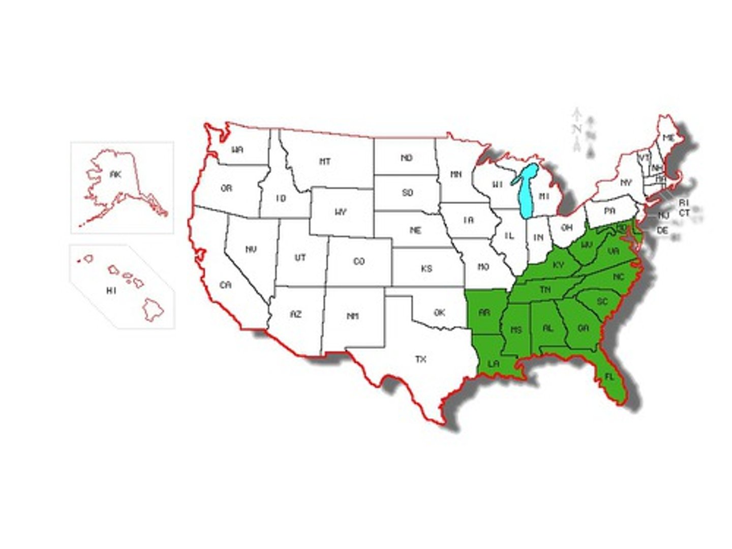 <p>Delaware, Maryland, West Virginia, Virginia, Kentucky, Tennessee, North Carolina, South Carolina, Arkansas, Louisiana, Mississippi, Alabama, Georgia, and Florida</p>