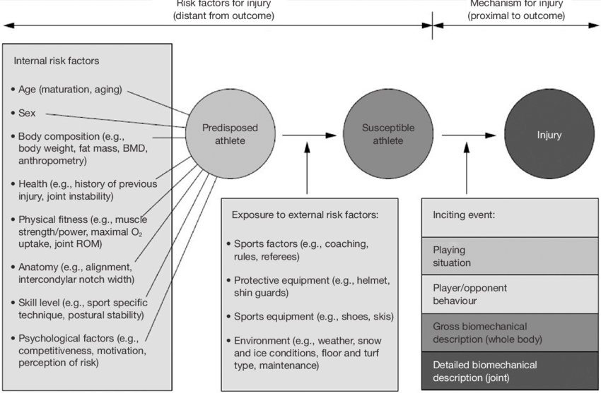 comprehensive model for injury causation

updated version of the meeuwisse 1994 model that expands on the internal and external risk factors as well as highlights specfic components of the inciting event