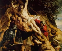 <p>Baroque dynamism and muscular movement; triptych format.</p>