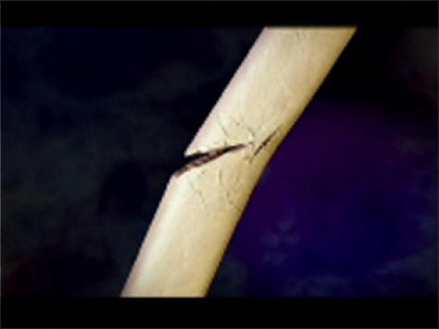 <p>a break or crack in something hard like bone or rock</p>