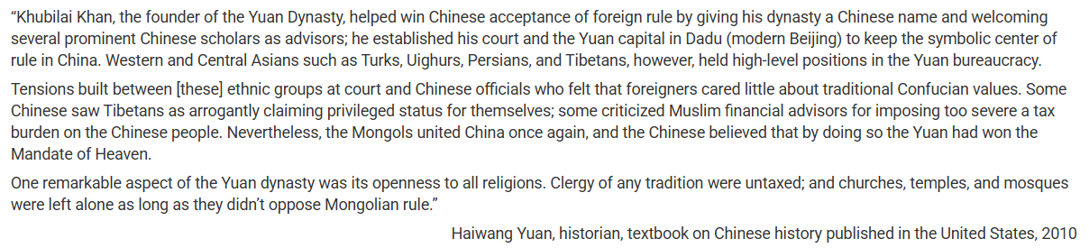 <p>The author’s assertion in the <span><strong><span>second paragraph</span></strong></span> that Chinese people came to believe that “the Yuan had won the Mandate of Heaven” can best be understood in the context of which of the following?</p>
