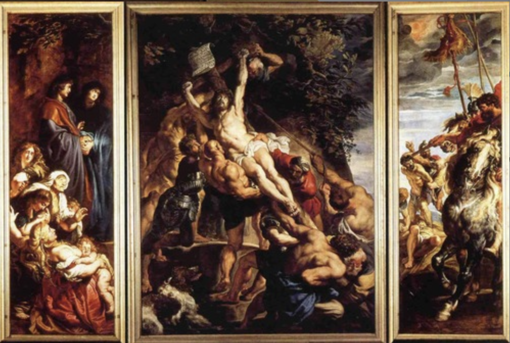 * Painter from low country who became an elevated artist (even engages as a diplomat for royal families across Europe)
* Very aware of classical mythology and bible stories, able to represent allegorical themes through figures
  * Shows hierarchy of Jesus, putting Christ up on the cross compared to many depictions of Christ being taken down from the cross
* High contrast lighting accentuating musculature of figures (plays into a type of softened tenebrism and mannerism), shows a straining sense of effort