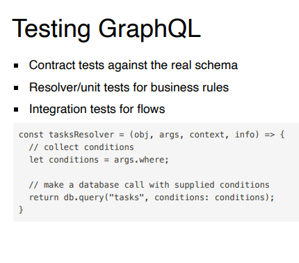 <ul><li><p>Contract tests, Resolver/ unit tests, Integration tests </p></li></ul><p></p>