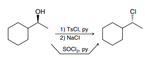 <p>Primary and secondary alcohols can react with SOCl2 via an SN2 process, replacing the hydroxyl group with a chlorine, and resulting in an inversion of configuration</p>