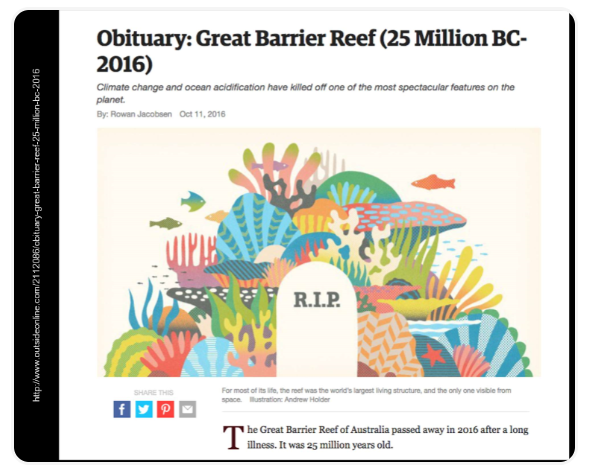 <ul><li><p>was satirical, got attention on the fight of coral reefs, may have been an oversimplification of conservation messages</p></li><li><p>had backlash from scientists→ GBR is in trouble but is not dead, should not give up on it, satire was lost in some places and news articles headlined that the GBR was actually announced dead by scientists which is not true</p></li><li><p>emotional toll on scientists→ how much can these headlines help conservation?</p></li></ul><p></p>