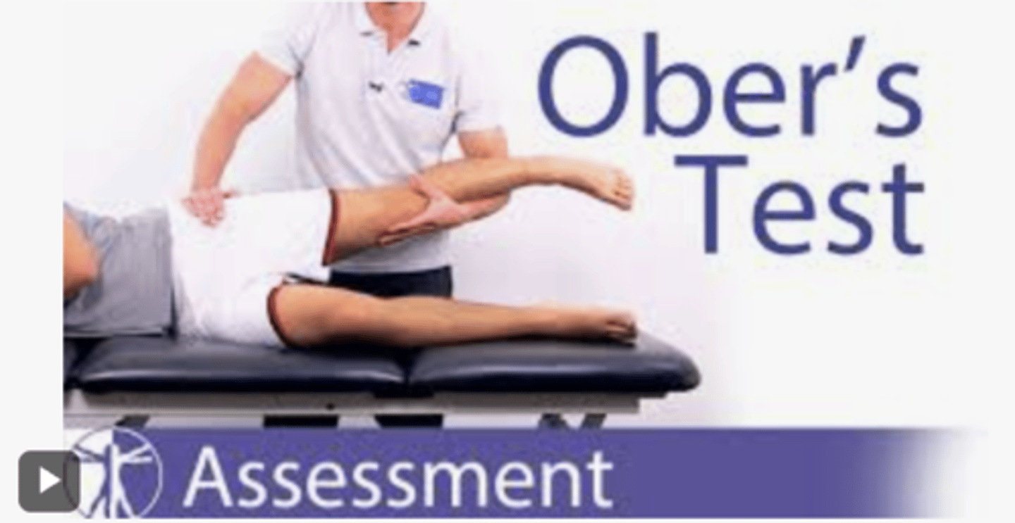 <p>Abd and extend hip, if the leg does not fully adduct or drops back down to the table, it indicates tightness or restriction in the ITB and TFL. Bottom leg is bent, top leg is bent to 90, closest to pt will stabilize pelvis. *keep in ext the whole time </p><p>GOLD STANDARD </p><p>Tests for: External Coxa Saltans , IT Band Syndrome or TFL tightness/superior hip structures </p>