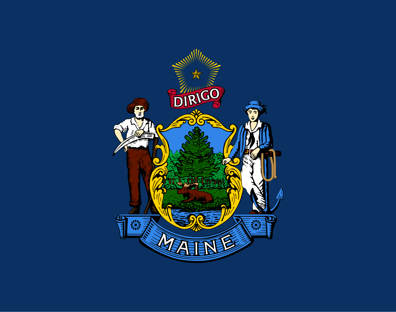 <p>Dark blue background with a pine tree emblem surrounded by two men</p>