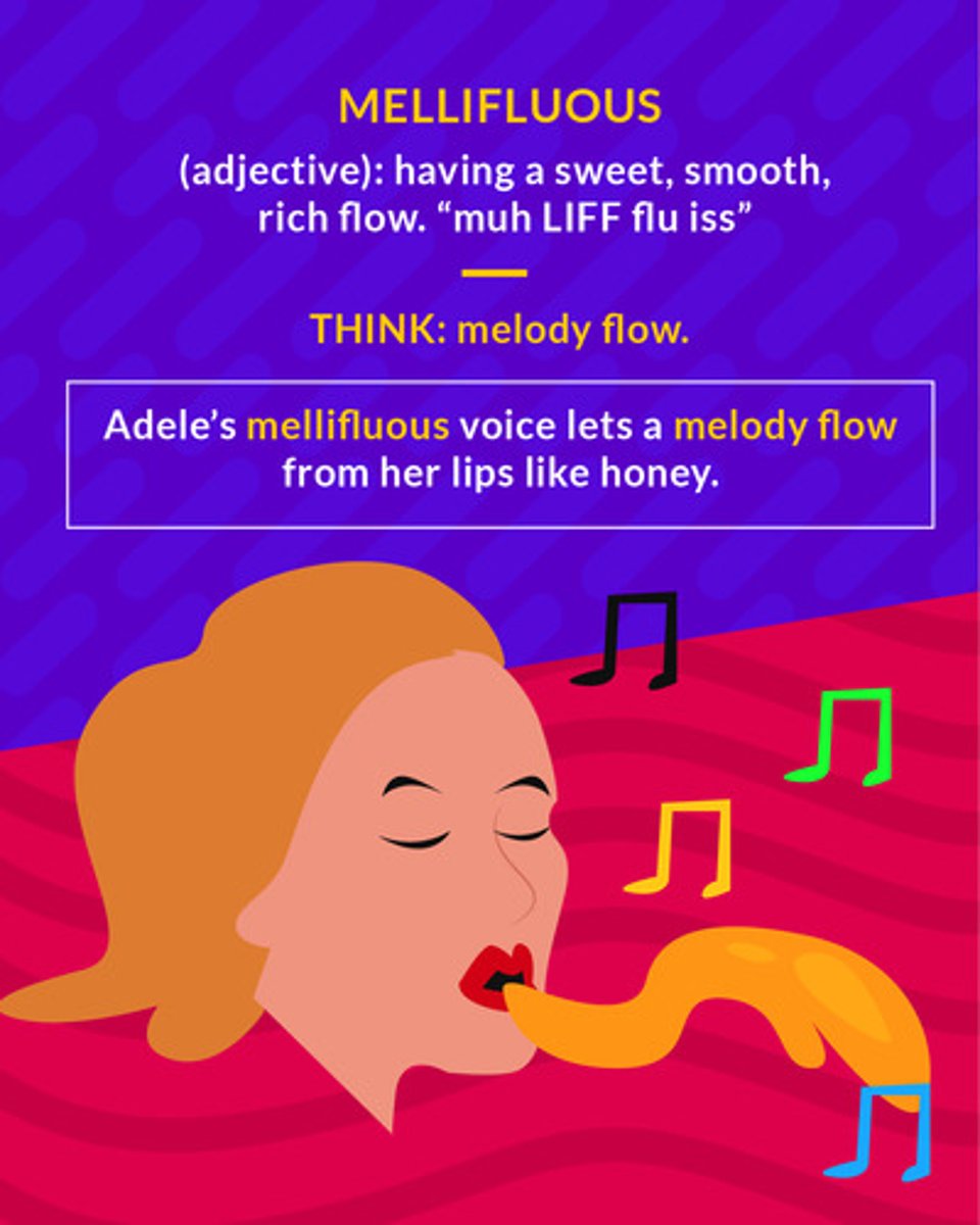 <p>(adj.) Sweetly flowing or sounding</p><p>(adj.) having a sweet, smooth, rich flow</p>