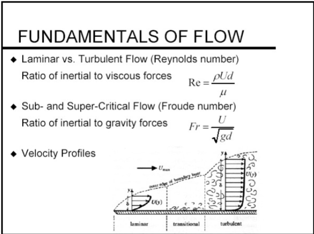 <ol><li><p>Laminar v/ turbulent flow </p></li><li><p>Sub-and super-critical flow</p></li><li><p>velocity profiles</p></li></ol><p></p>