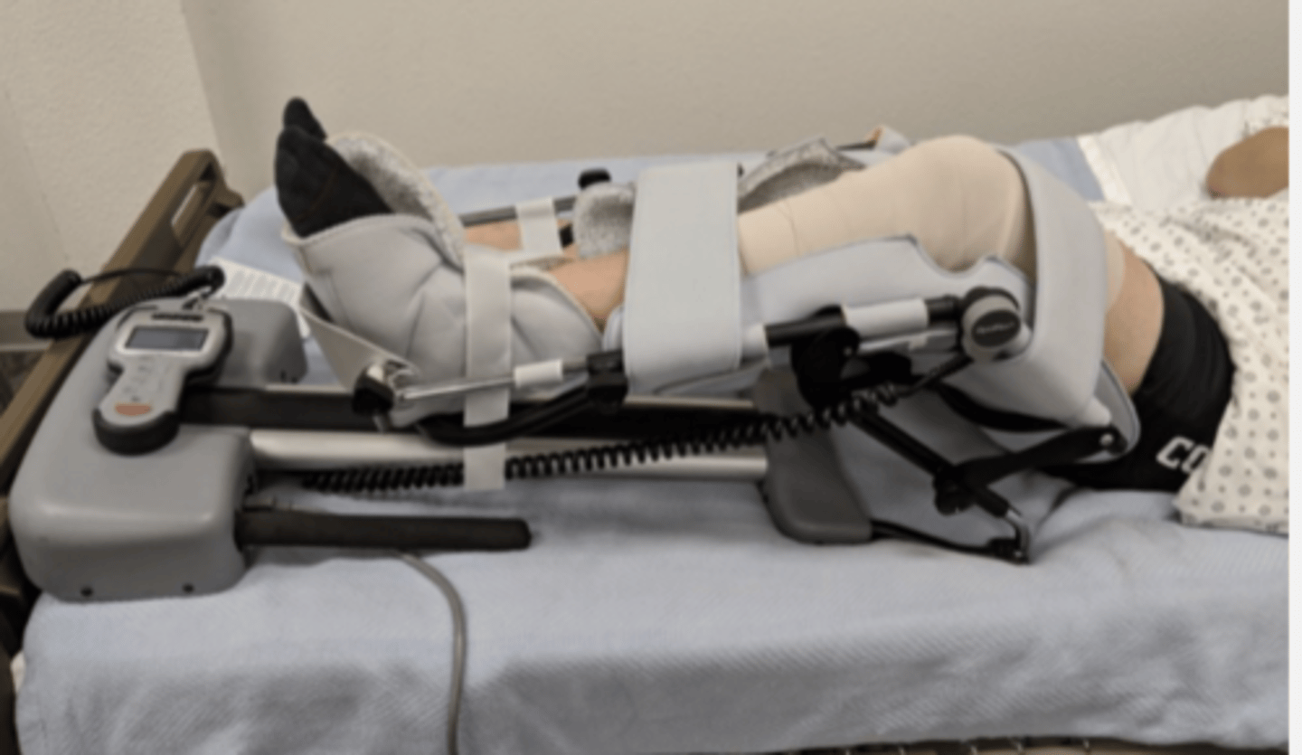 <p>- fit to patient's leg length</p><p>- initial setting usually 0-40 degrees</p><p>- to patients tolerance</p><p>- generally increase 10 degrees per day</p><p>- 6-8 hours/day</p><p>- needs to be watched for proper positioning</p>