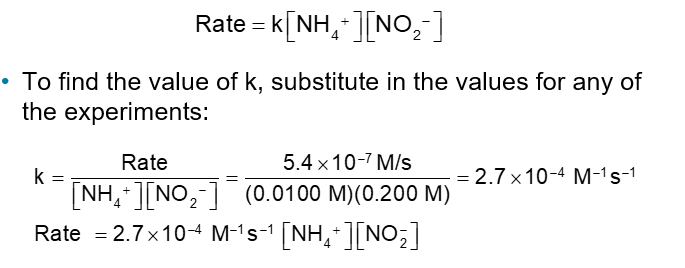 <p>Result: The rate law, which shows the relationship between rate and concentration for all reactants:</p><p>To find the value of k, substitute in the values for any of the experiments:</p>