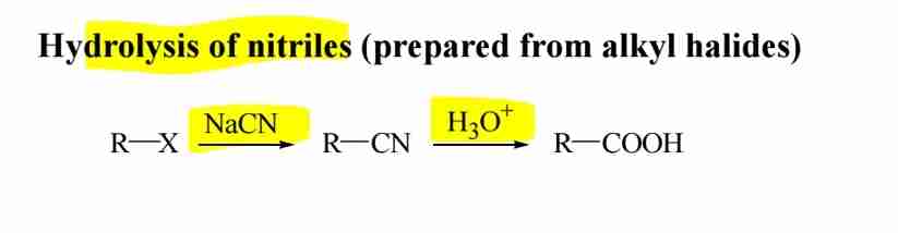 <p><span>Nitriles hydrolyze in acidic or basic conditions to form carboxylic acids.</span></p>