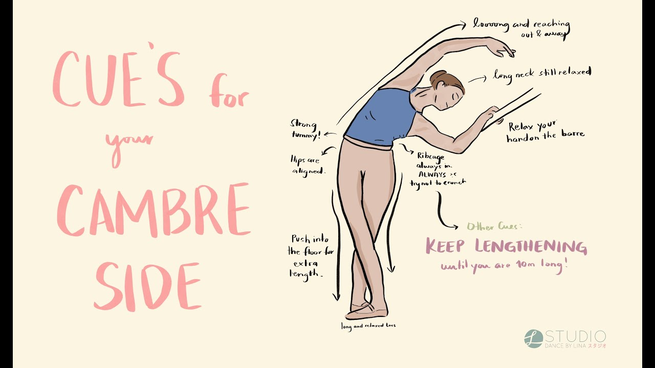 <ol><li><p>Cambr<span>é</span> = arched — Cot<span>é = side</span></p></li><li><p><span>All positions, lifting up and hinging at the hips, bend to either side, with the feet firmly planted in position, to stretch the obliques</span></p></li></ol><p></p>
