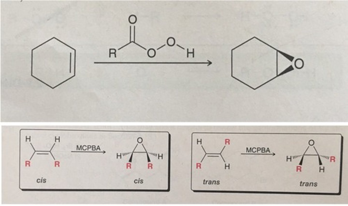 <p>-epoxides are highly reactive, strained ring, polar bond</p><p>-syn addition</p><p>-concerted (all happening at same time)</p><p>-stereospecific</p><p>-Z makes meso compounds</p><p>-E makes SS or RR enantiomers</p>