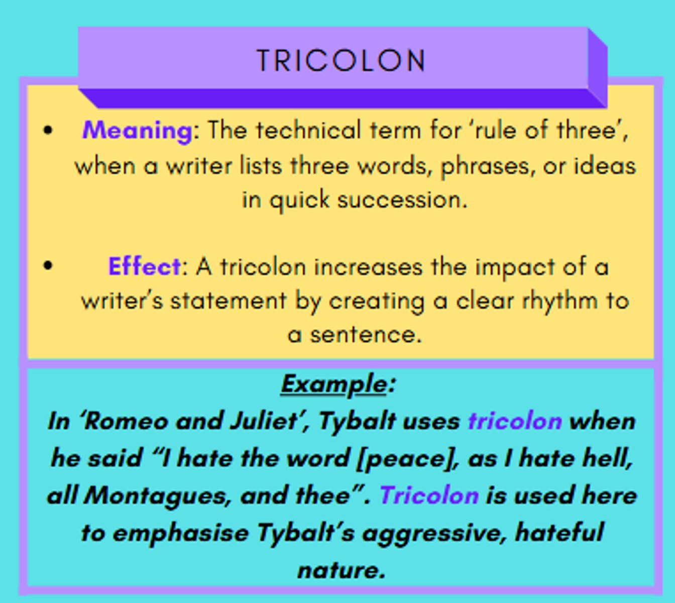 <p>Sentence consisting of three parts of equal importance and length, usually three independent clauses.</p>