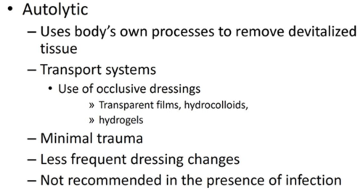 <p>Autolytic debridement is the lysis, or breakdown, of damaged tissue at a wound site by the body's natural defence system by enzymes that digest specific components of body tissues or cells, e.g. proteins, fibrin and collagen</p>