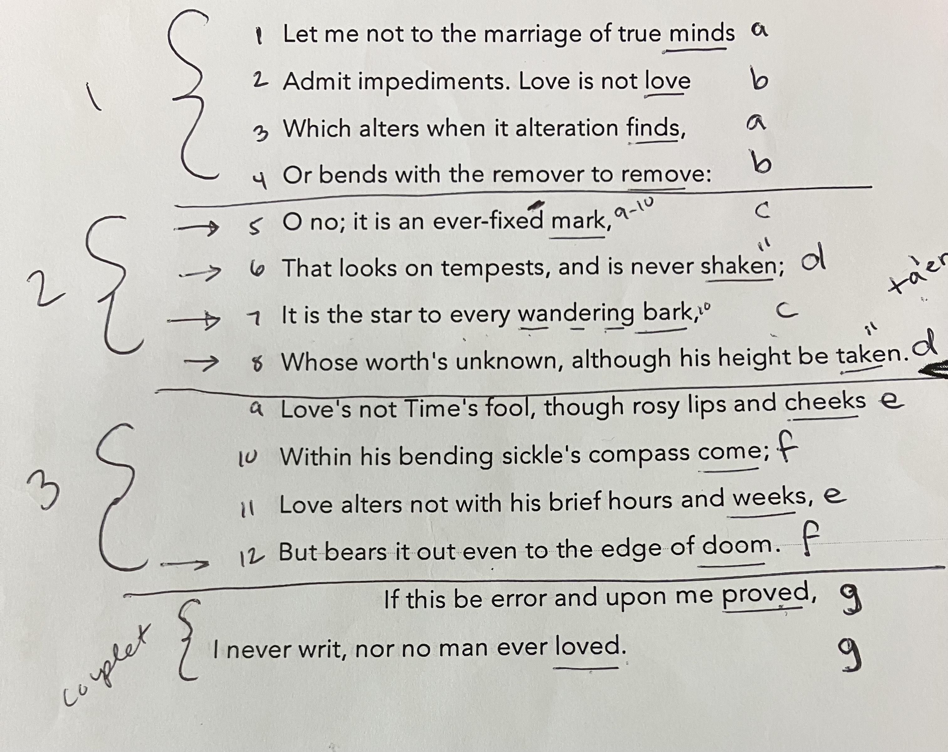 <p>A sonnet has fourteen lines. Most Shakespearean sonnets have a set rhyme scheme: abab cdcd efef gg. </p>