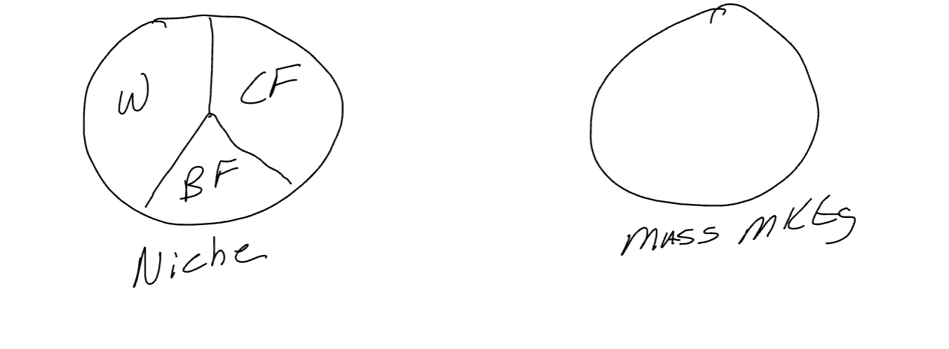 <p>Mass Markets: The Market as a Whole (Entire Circle)</p><p>Niche Markets: A Mass Market Broken into Segments </p>