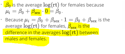 <p>B0 is the average (logrt) for females becasue…</p>