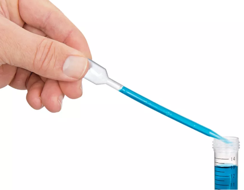 <p>The picture below shows a hand holding a transfer pipette such as the one you have used in the lab.  Approximately how much volume is being held inside the transfer pipette?</p>