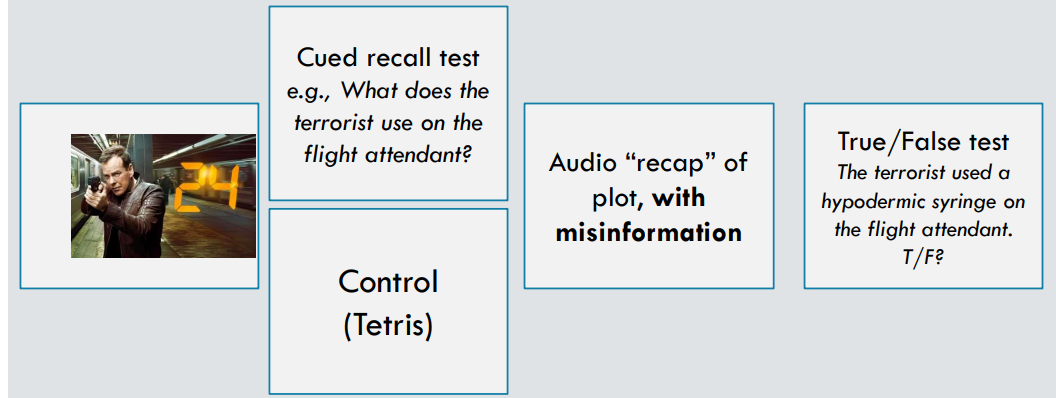 <p>Chan &amp; LaPaglia (2013)</p><p>Taking an initial cued recall test before hearing the misinformation led to greater susceptibility to the misinformation Evidence for overwriting of original memory? 48-hour delay between test and misinformation =&gt; no impairment (reconsolidation window closed) 48 hours between video and session with both test and misinfo =&gt; impairment, consistent with reactivation making memory malleable Source confusion? Recognition test allowed answering with original or later information. Testing =&gt; more misinformation, but effect was smaller.</p><p></p><p>Still unclear how you get this effect </p>