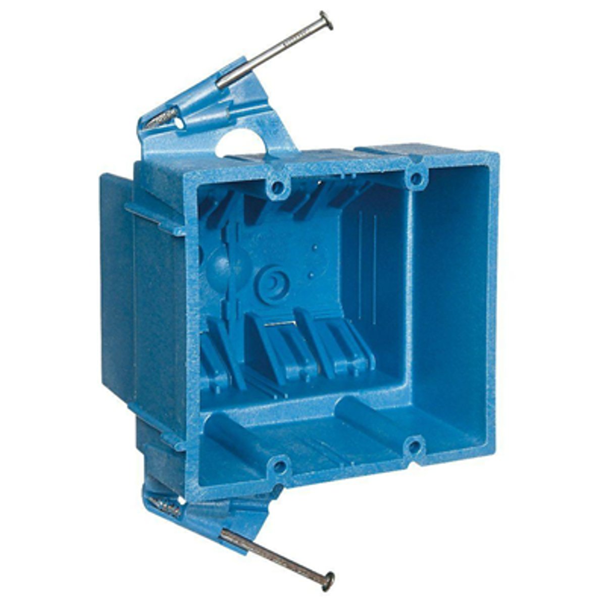 <p>Commonly constructed of PVC plastic and used with NM cable. May be attached with nails (shown) or screws. Comes in 1 -4 gang sizes and varying depths.</p>