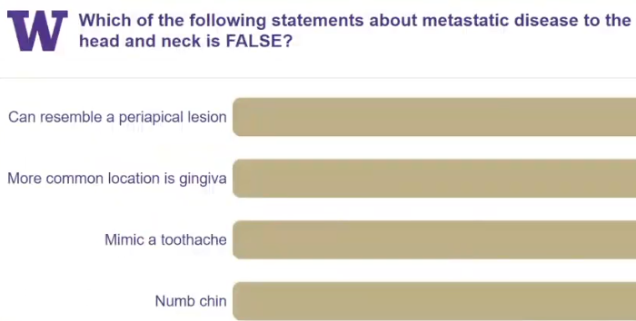 <p>which of  the following statements about METASTATIC DISEASE to the head and neck is <strong>FALSE</strong> </p>