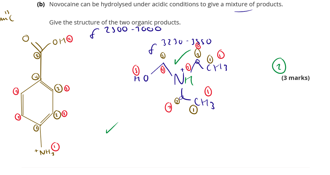 <ul><li><p>Acid Catalysed Hydrolysis forms a<strong> Carboxylic Acid + Alcohol</strong>.</p></li><li><p>Hence <strong>ester bond breaks and H is added to both of the compounds involved as a water molecule used up</strong>.</p></li><li><p>As acidic = High H<sup>+ </sup>content, the<strong> N is also protonated and quaternary ammonium salts are formed</strong>.</p></li></ul><p></p>