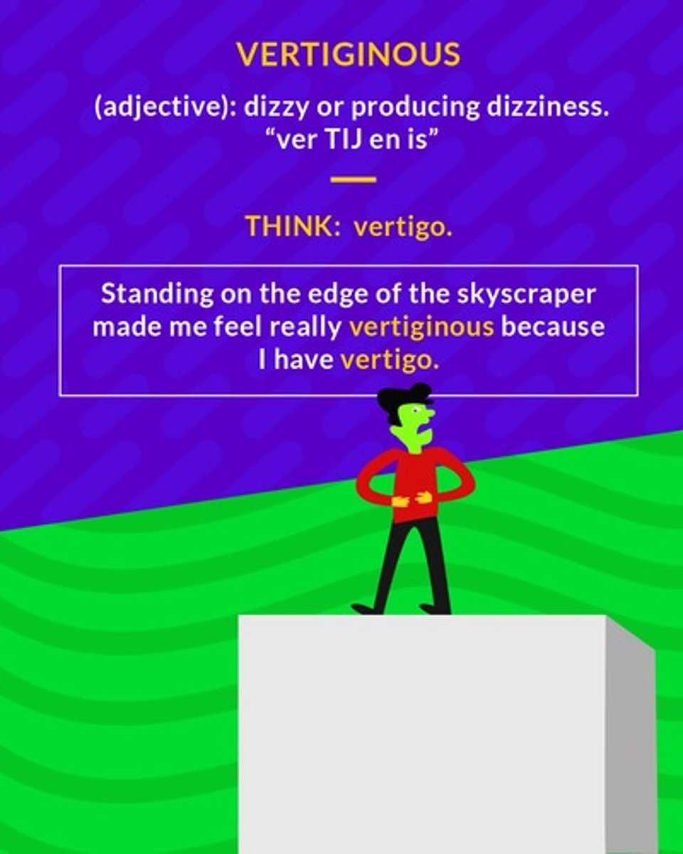 <p>causing dizziness, as from spinning or heights</p>