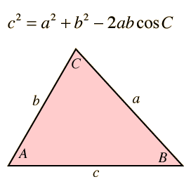 <p>a<sup>2 </sup>= b<sup>2</sup> + c<sup>2 </sup> - 2bc cos A</p>