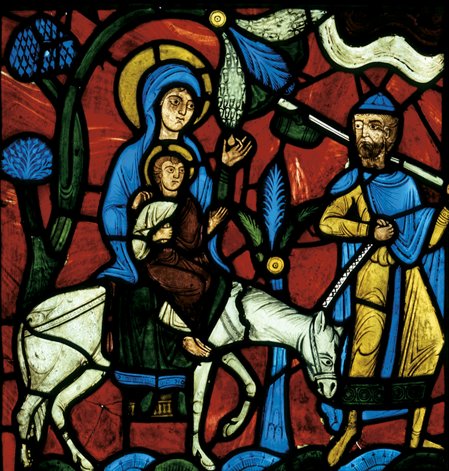 <p>The Flight into Egypt, Incarnation Window, Abbey Church of Saint Denis, France, ca. 1140-1144;</p>