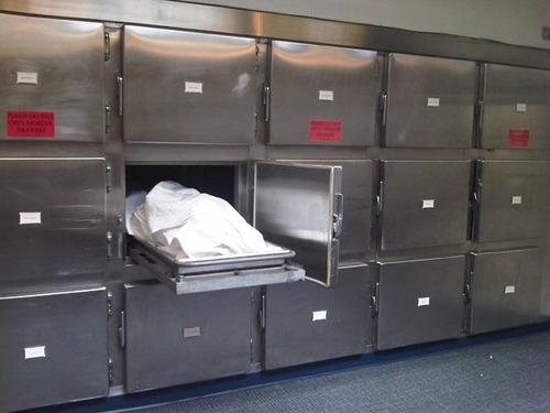 A place where the bodies of dead persons are kept temporarily pending identification or release for burial or autopsy.