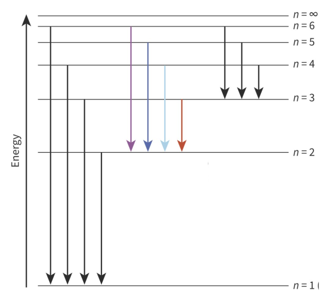 <p>UV → falls to n=1 (highest E)</p><p>VL → falls to n=2</p><p>IR → falls to n=3 (lowest E)</p>