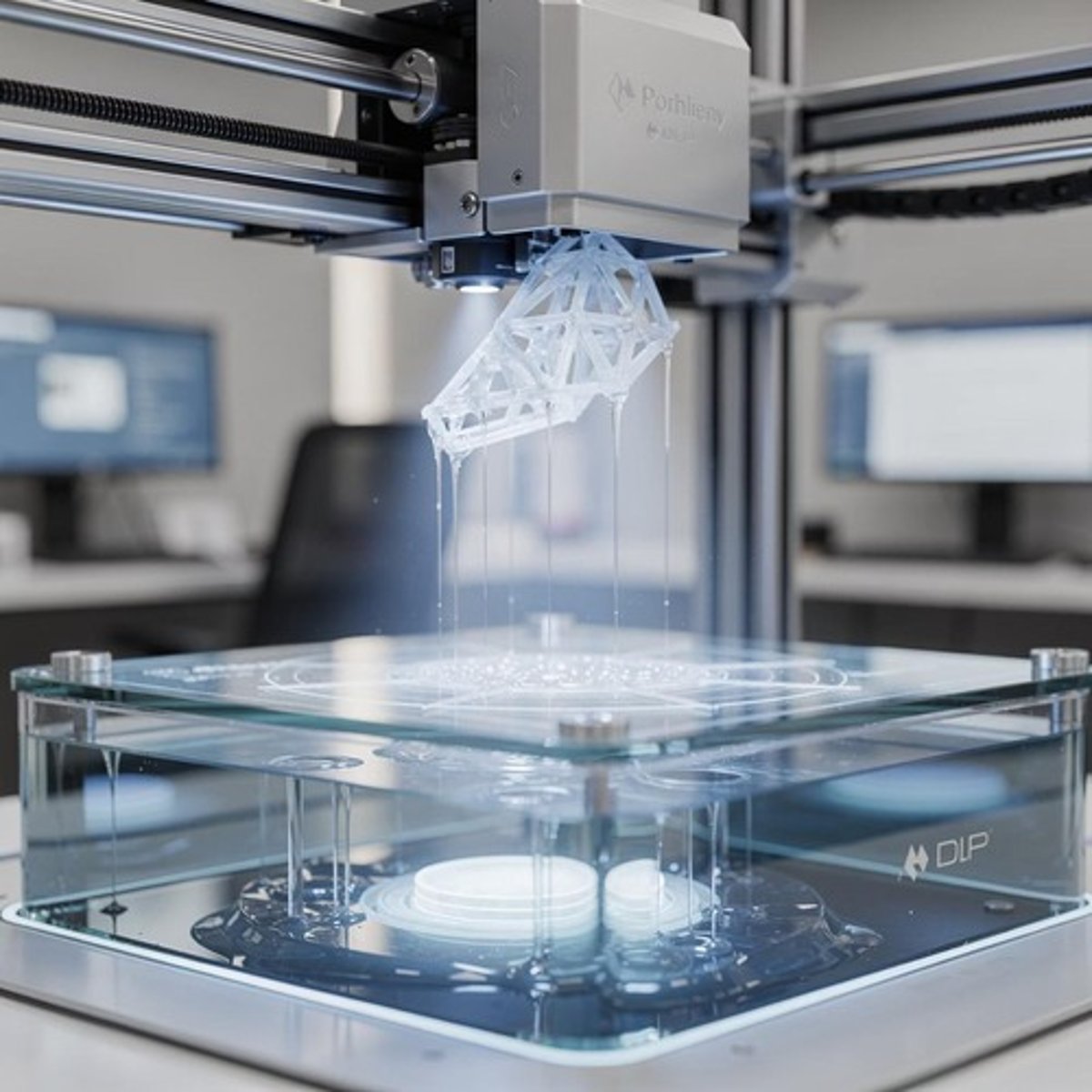 <p>DLP uses a digital projector to flash a single image of each layer across the entire platform simultaneously, curing a UV-sensitive liquid resin.</p>