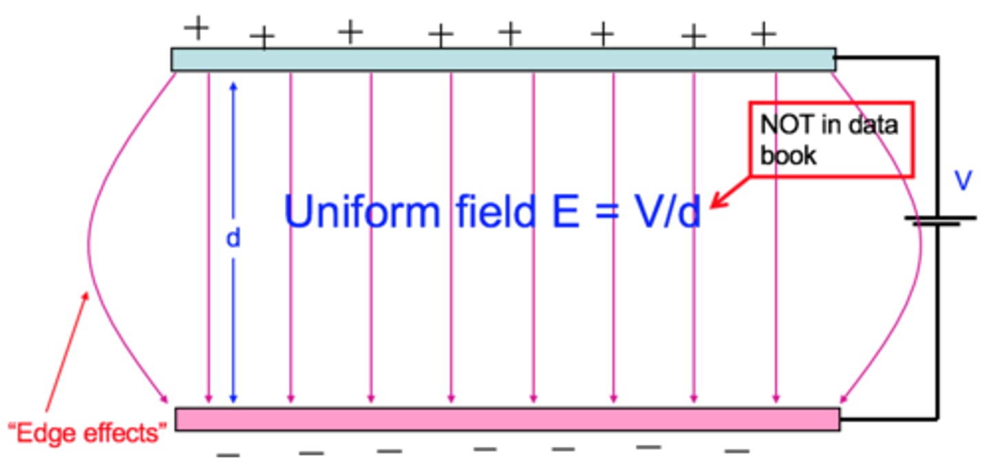 <p>An electric field with constant field strength, found between 2 oppositely charged parallel plates.</p>