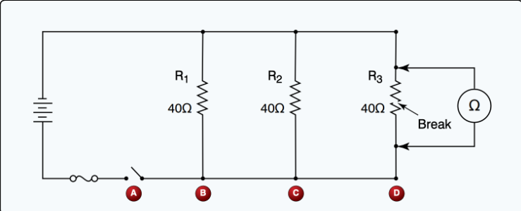 <p>(<span style="color: rgb(0, 0, 0);"><mark data-color="#ffee00" style="background-color: rgb(255, 238, 0); color: inherit;">Refer to Figure 7.</mark></span>) If resistor R(3) is disconnected at terminal D, what will the ohmmeter read?</p>
