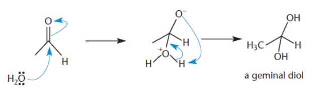 <p>In the presence of water, aldehydes and ketones react to form geminal diols 1,1-diols)</p>