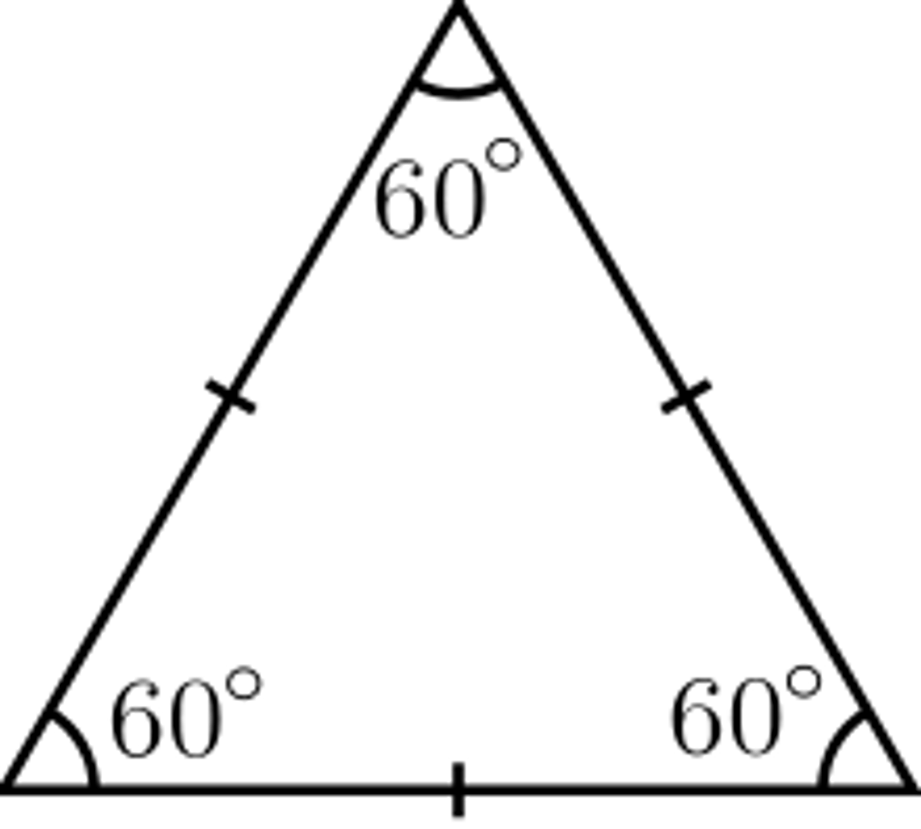 <p>Equilateral triangle</p><p>All edges are the same</p><p>length and all angles</p><p>are the same size.</p><p>This is shown by the</p><p>identical marks on each</p><p>edge and each angle.</p>